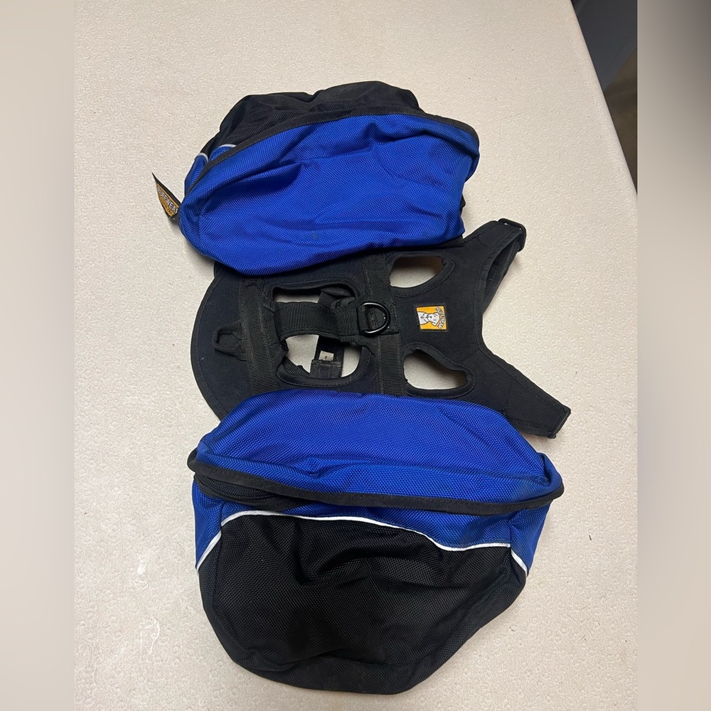 Ruffwear small dog hiking backpack saddlebags blue and black camping travel